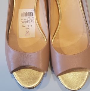 Cole Haan open toe flat shoe.  Leather. Gold accen